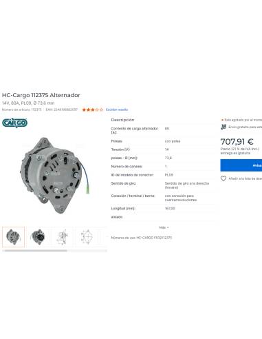 Alternatore CARGO 112375 14V, 80A