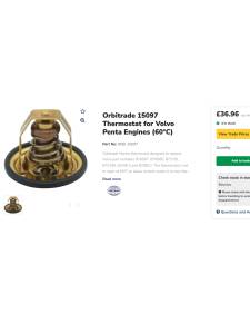 Thermostat Orbitrade 15097 pour moteurs Volvo Penta (60 °C)