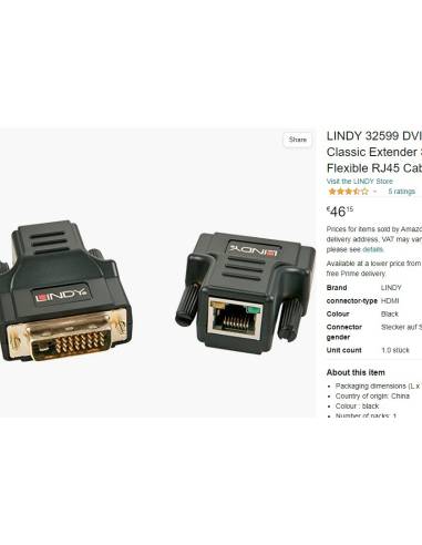 LINDY 32599 Prolongateur DVI Cat6 Solution...