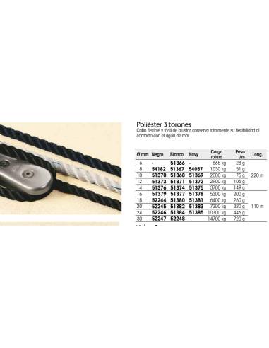 Cabo amarra/ fondeo 3 torones polyester blanco