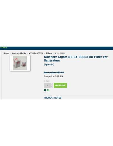 Northern Lights 24-02002 Oil Filter For Generators