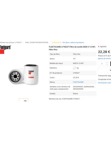 Fleetguard  LF16227 Filtro de aceite M26 X 1.5...