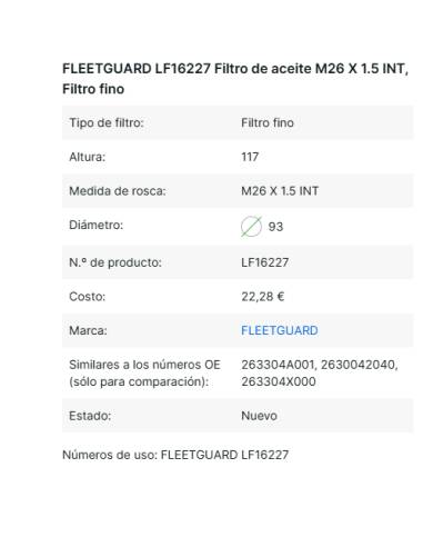 Fleetguard  LF16227 Filtro de aceite M26 X 1.5...