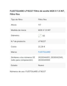 Fleetguard  LF16227 Filtro de aceite M26 X 1.5 INT, Filtro fino